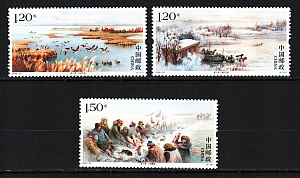 Китай _, 2020, Ландшафты, Озеро, Рыбалка, Этнография, 3 марки